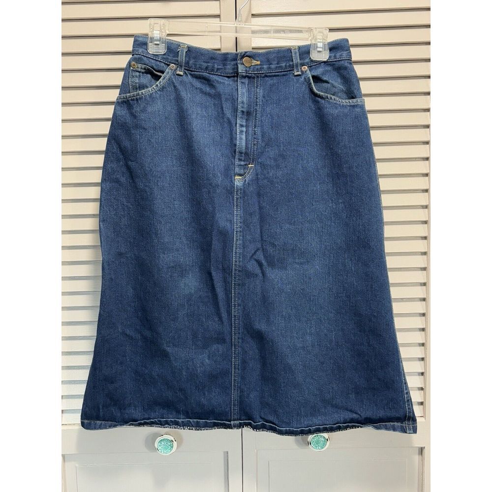 L. L. Bean Denim Midi Skirt No Tag Zip Pockets Slit Logo Size M/L
